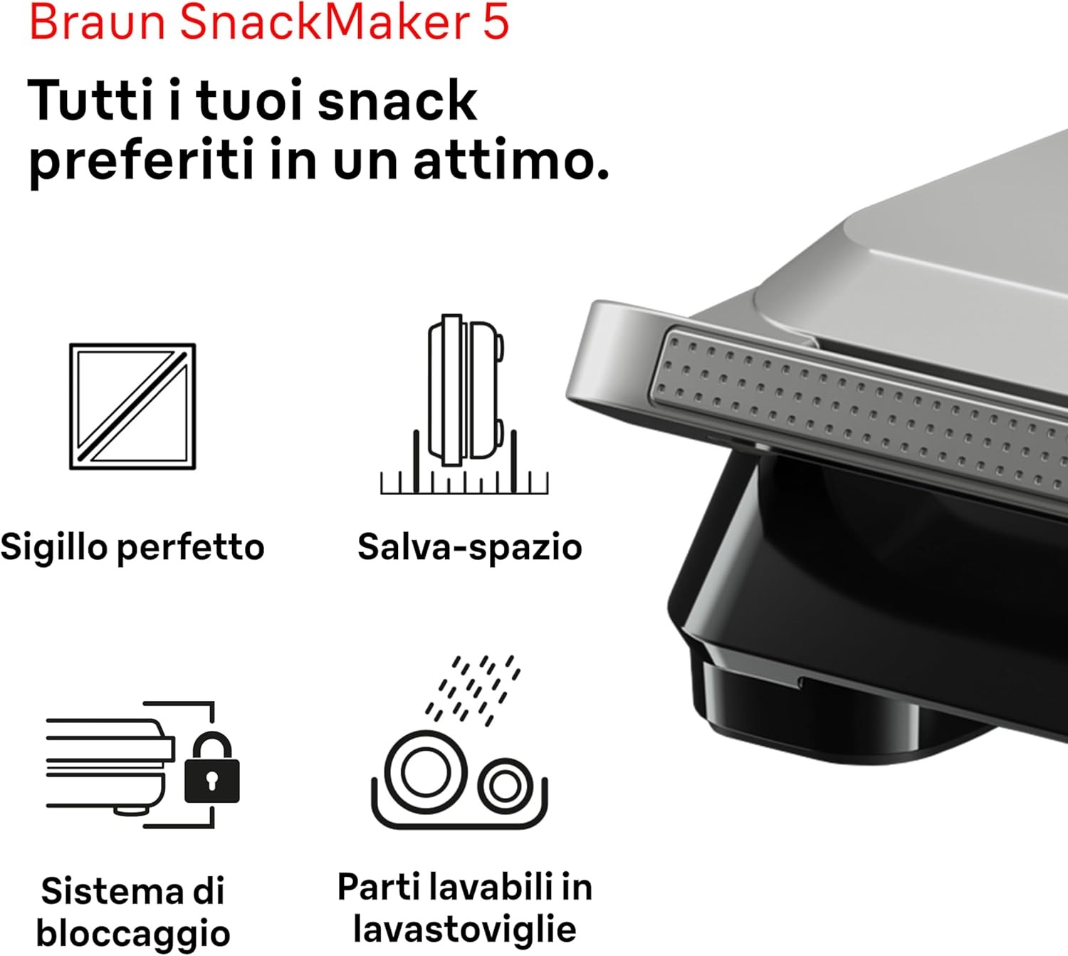 Braun SnackMaker 5 SM5005, Tostapane con Piastre per Sandwich e Cialde, Waffle Maker con Piastre in Alluminio Pressofuso, Piastre Rimovibili e Vassoio di Raccolta per Lavastoviglie, 800W, Argento