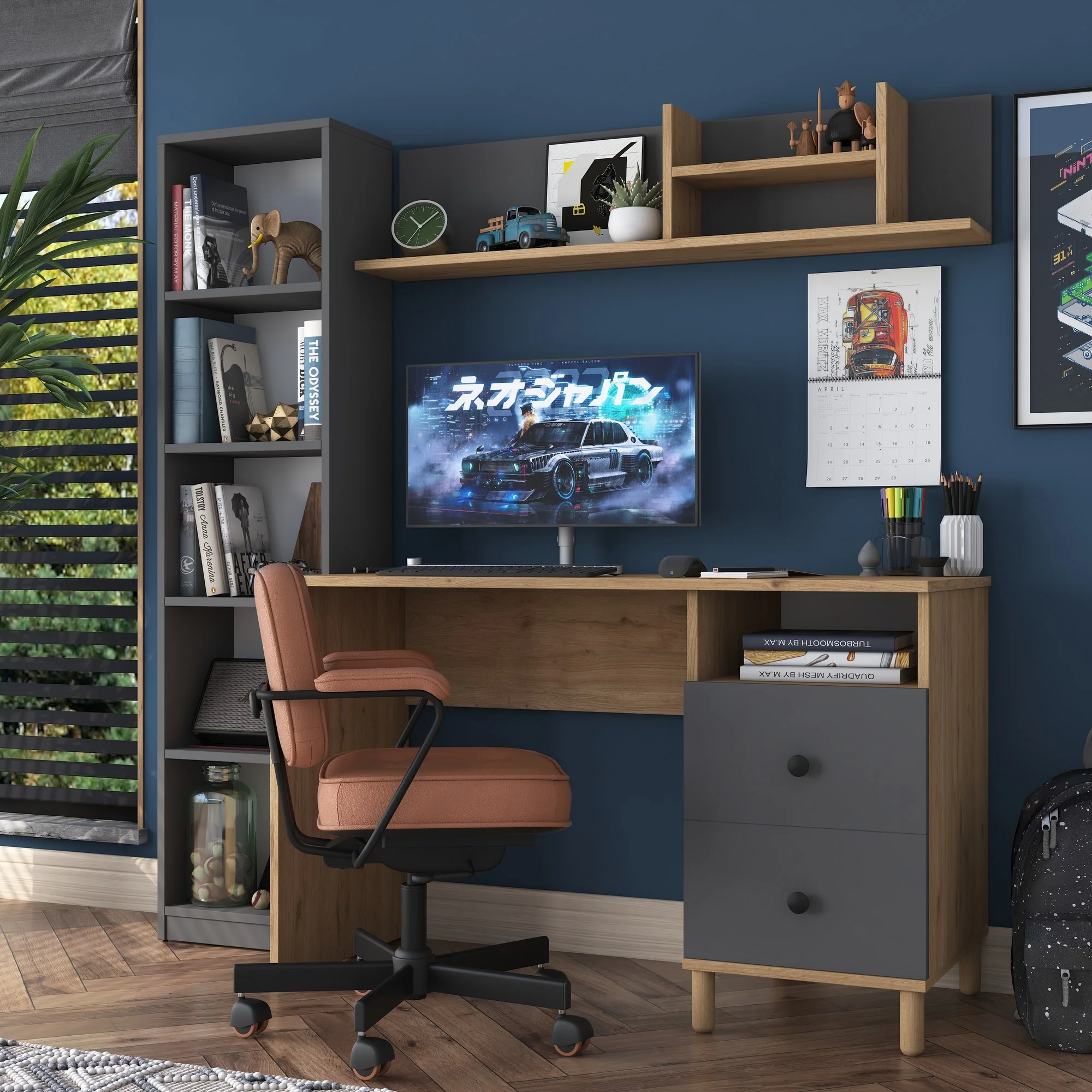 Composizione studio moderna con scrivania libreria e mensola antracite e naturale