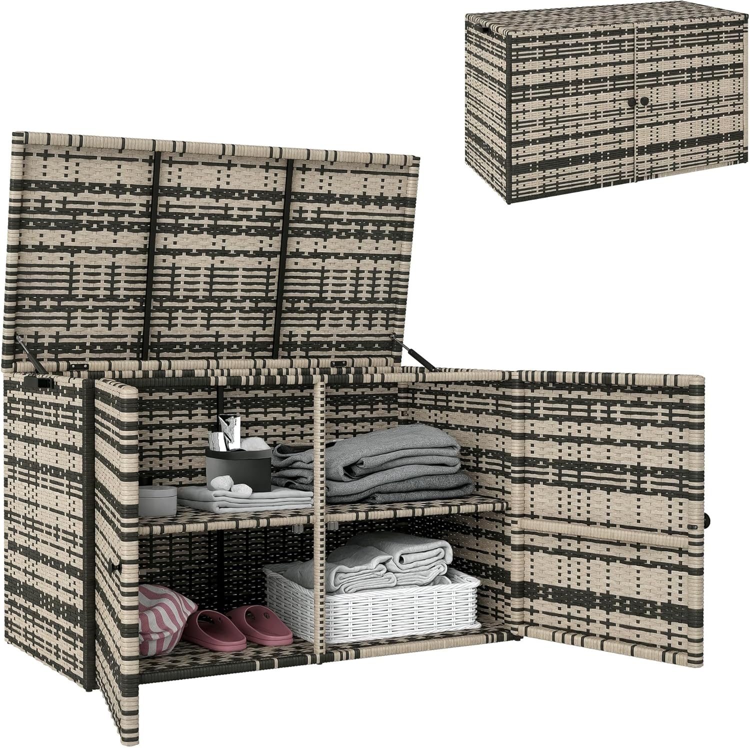 Outsunny Baule da Esterno da 350L a 2 Livelli in Rattan PE, Contenitore da Esterno con Pistoni a Gas e Telaio in Acciaio, 118x57x69 cm, Grigio