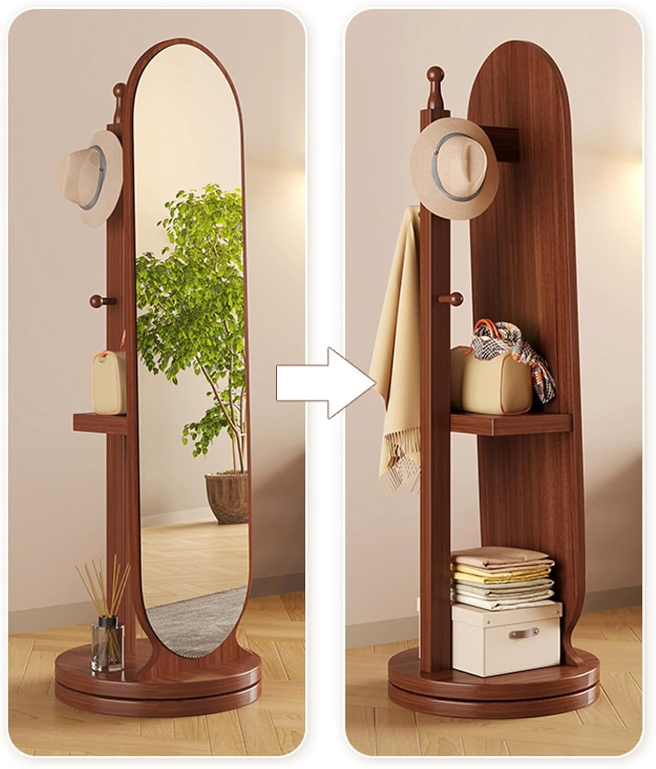 Specchio A Figura Intera Girevole A 360° in Legno Massello con Appendiabiti e Ruote Girevoli, Specchio da Terra Autoportante per Camera da Letto, Soggiorno