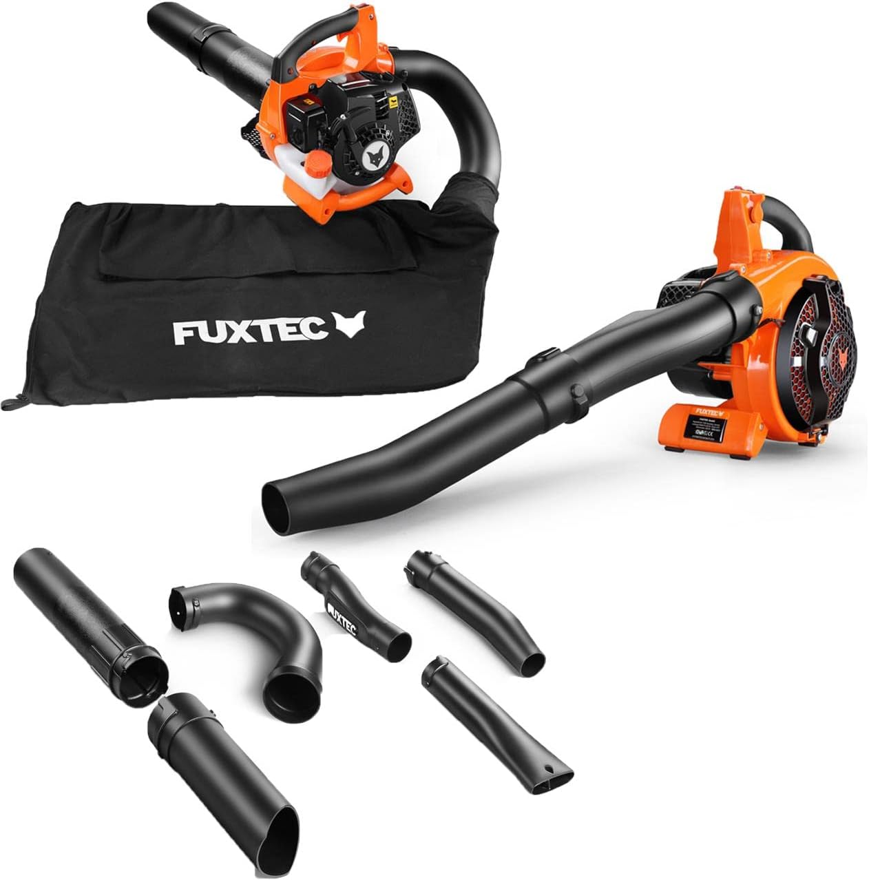 FUXTEC 4in1 FX-LBS126 Petrol Leaf Extractor 2-Stroke Blower and Shredder with 2 Blow Tubes and 45 L Collection Bag – Blowing Speed 71 m/s