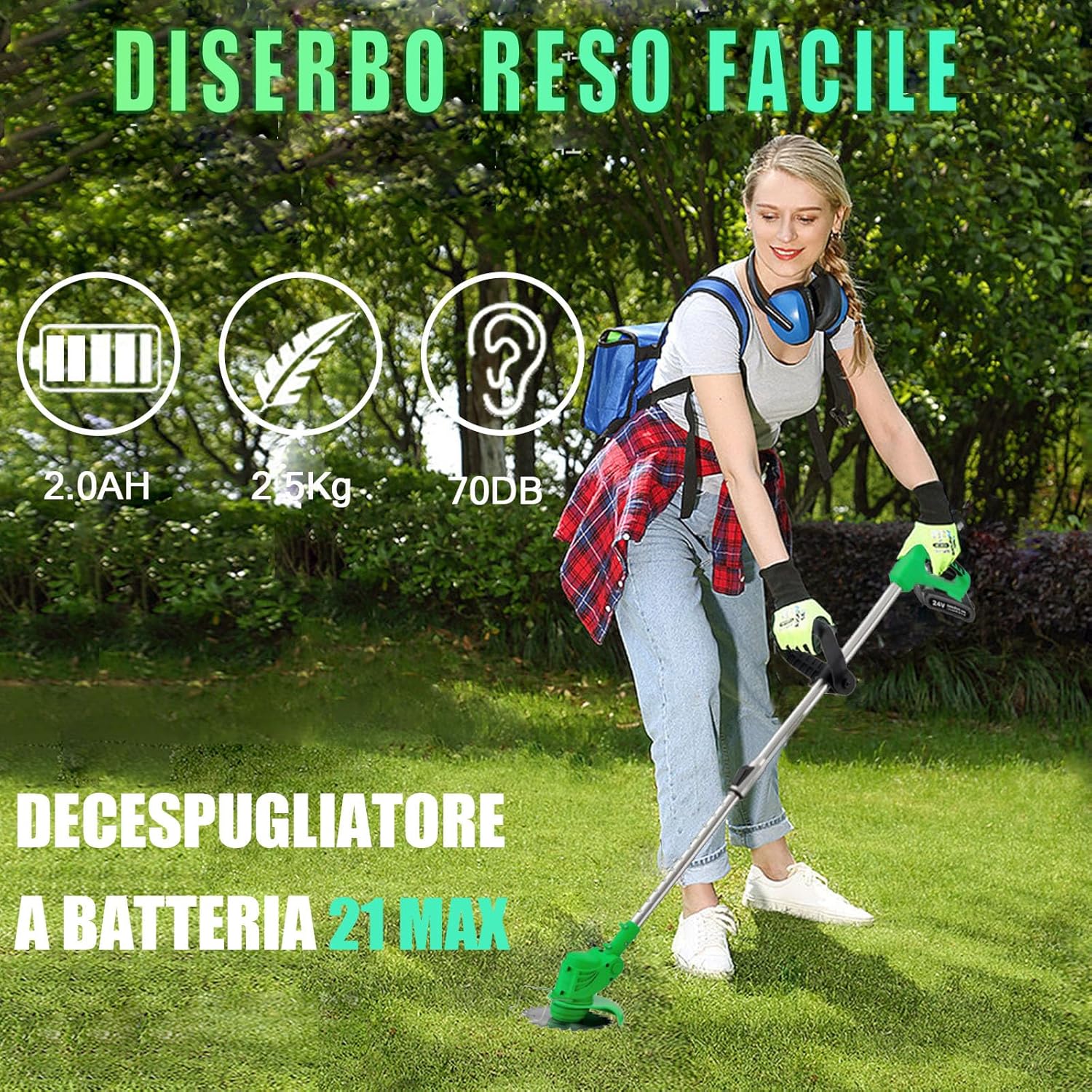 Gompuy Decespugliatore a Batteria, Decespugliatore Con Lama in Metallo Decespugliatore Elettrico Con 2 Batterie da 21V 2000 mAh, Tagliabordi a Batteria, Adatto a Prati Di Medie Dimensioni