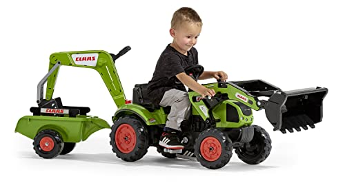 FALK   Retroescavatore a pedali Claas con escavatore e rimorchio   Da 2 anni   Made in France   pala anteriore articolata ed escavatore   volante con clacson   2040N : Giochi e giocattoli