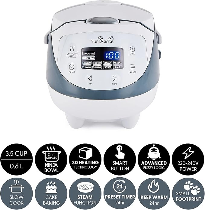 Yum Asia Panda Mini Cuociriso con Ciotola in Ceramica Ninja e Advanced Fuzzy Logic (3,5 tazze, 0,63 litri) 4 Funzioni di Cottura del Riso, 4 Funzioni Multicooker, Display LED, 220-240V