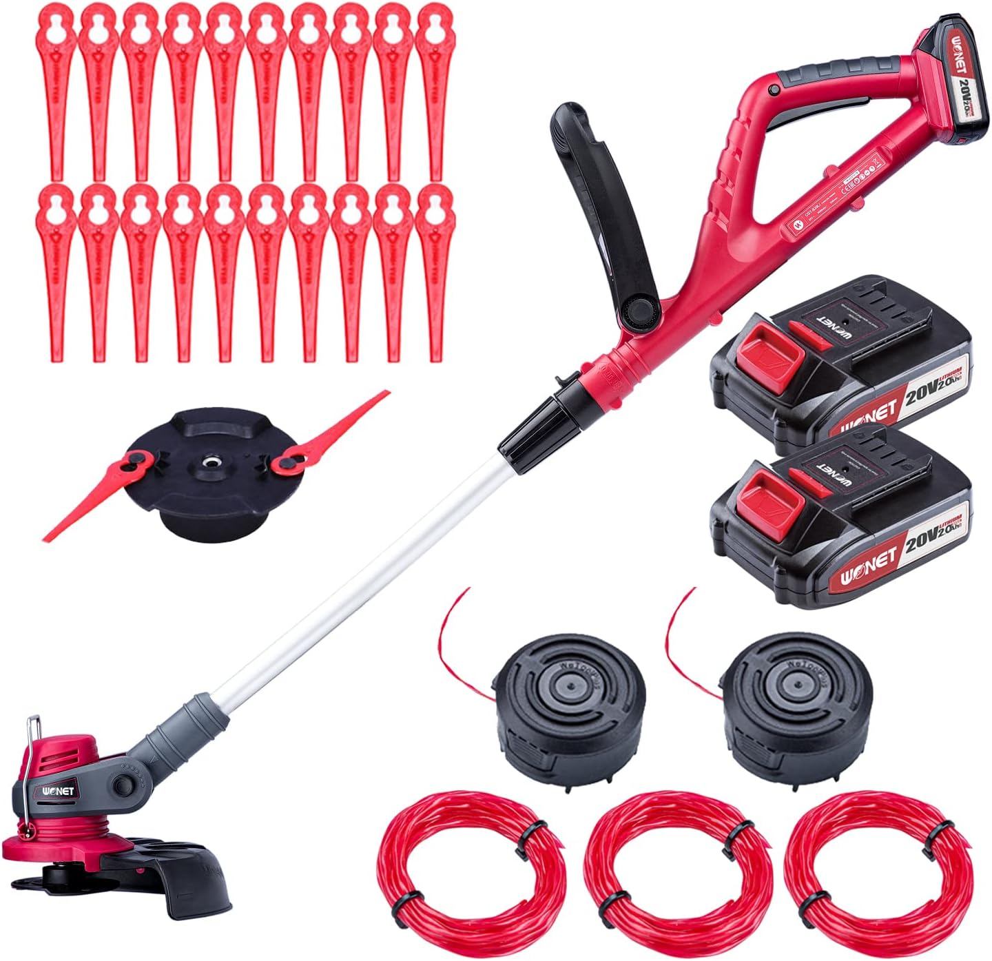 WONET Brushcutter Battery Powered - 2 Batteries and Charger Included, Cutting Diameter 25 cm, Adjustable Shaft and Light and Powerful