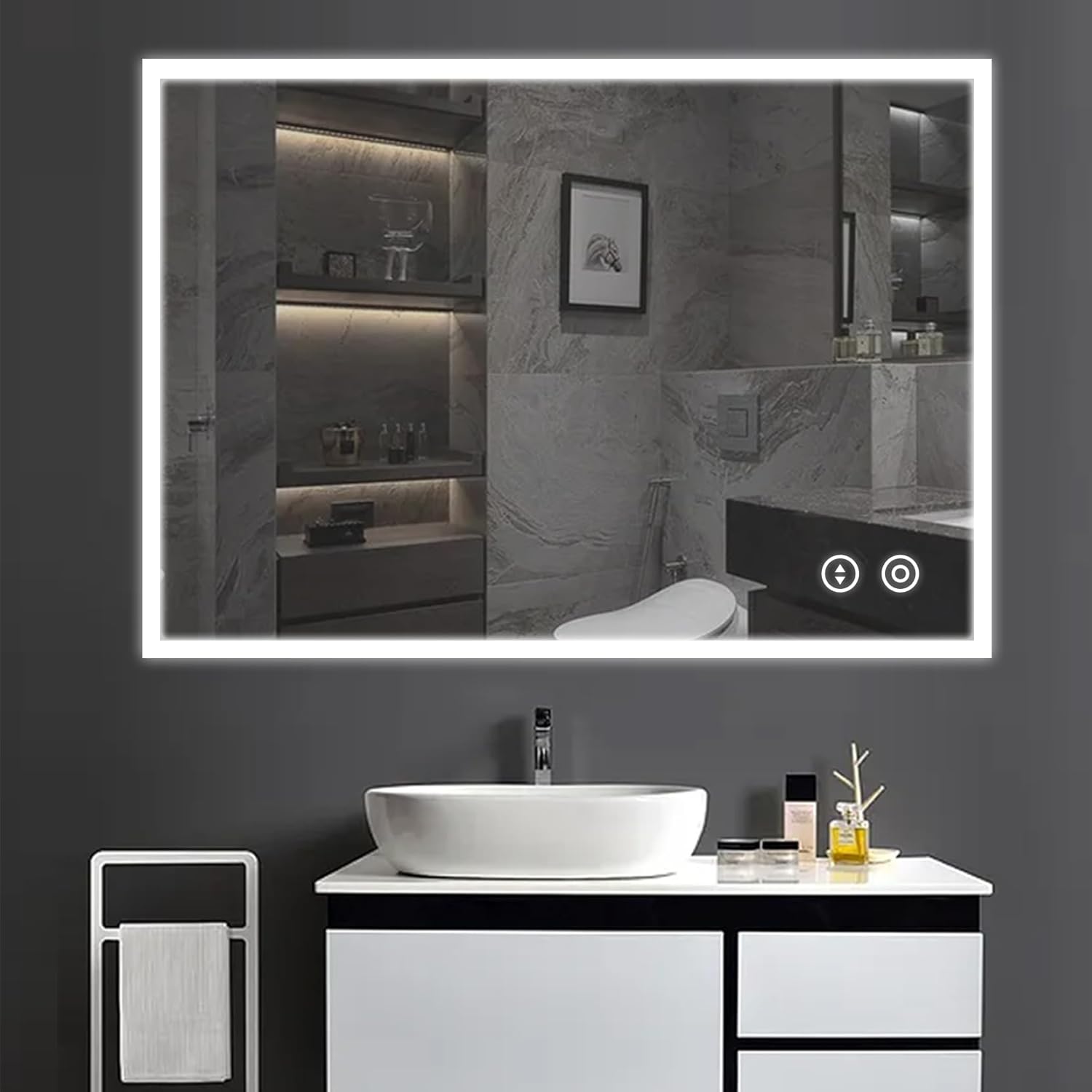 YOLEO Specchio Bagno Rotondo con Luce LED Orientabile in 3 Colori, 50 x 50 cm Specchio da Bagno con Interruttore Touch e Funzione Antiappannamento, 6400 K