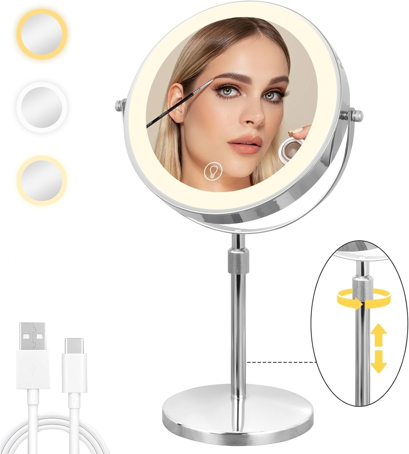 Cuteefun Makeup Mirror with Lights, 10X Magnifying Mirror on Stand, Adjustable Height and Brightness, 360° Rotation, 3 Light Colours, Ideal for Bedroom, Vanity Table, Black