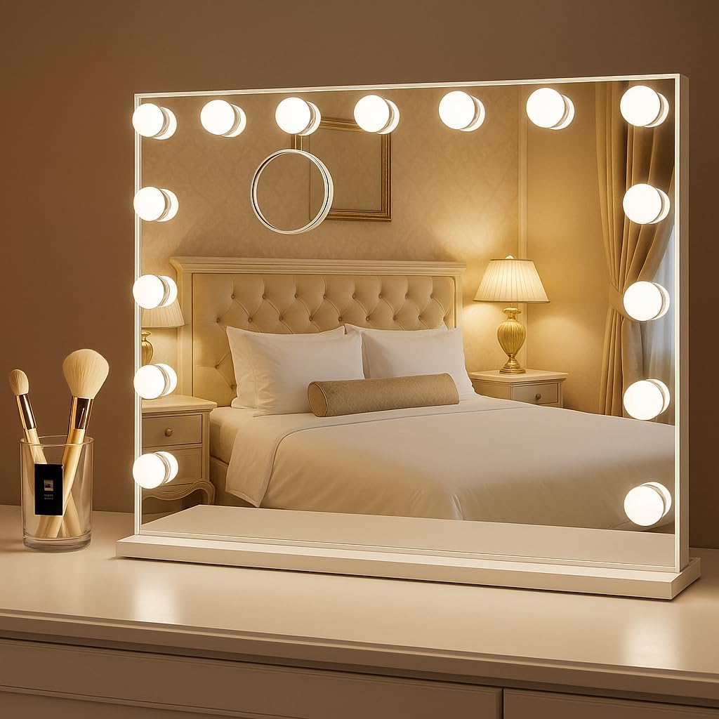 Bayt Specchio Trucco con luci LED – Specchio Hollywood oro 58x46 cm con 15 Lampadine Dimmerabili, 3 Tonalità di Luce (calda, fredda, naturale), Touch Screen & Specchietto Ingranditore 10x (Bianco)
