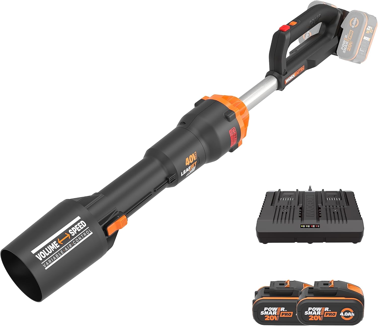 WORX Nitro WG585E.9 40V Battery Blower (2 x 20V) Brushless Motor, Three Speed and Turbo Mode, Air Speed 265km/h, Lightweight and Compact, No Battery and Charger