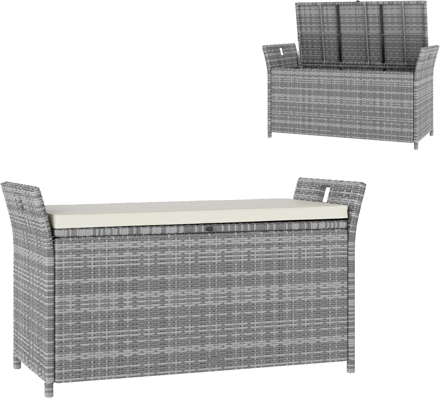 Outsunny Contenitore da esterno in resina intrecciata, panca da 250L con cuscino rimovibile, per giardino, balcone, patio, 125 x 55 x 70 cm, crema e grigio