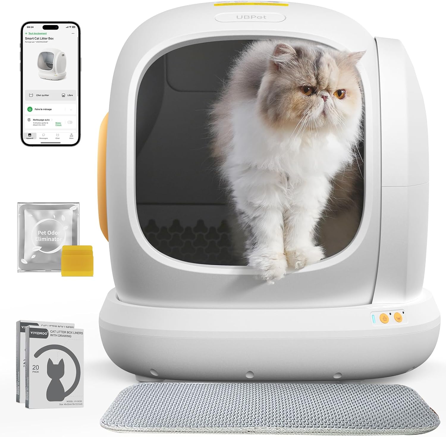 UBPET 75L Self Cleaning Cat Litter Box, Automatic Cat Litter Tray, Anti-Fuites, Anti-Pincement, Anti-Odeur, APP Control 2.4 GHz Wi-Fi, Advanced Security, Durable and Silent for Multiple Cats