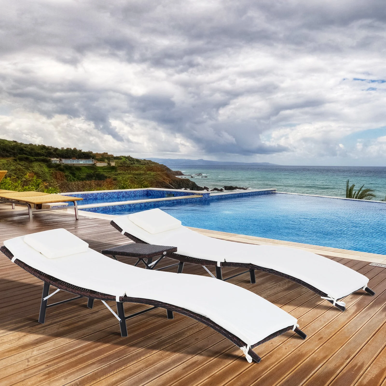 Easycomfort Lettini Prendisole Richiudibili con Cuscini Rimovibili e Tavolino Pieghevole, Set 3 Pz in Rattan, Crema