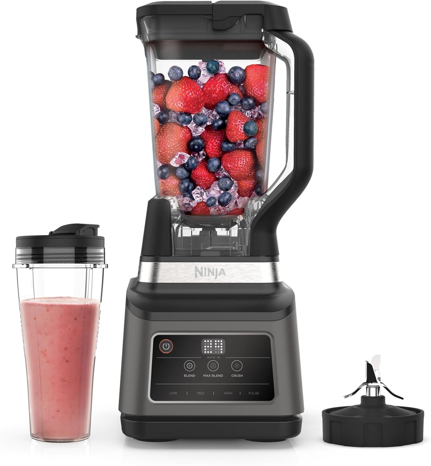 Ninja Frullatore 2 in 1, 1200 W, caraffa 2,1L, tazza 700ml, 3 programmi Auto-iQ: Blend, Max Blend, Crush, 4 impostazioni manuali, lavabile in lavastoviglie, nero, BN750EU