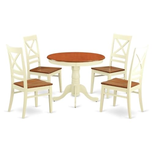East West Furniture ANQU5 WHI W   Set dinette per 4 persone, con tavolo rotondo da cucina con piedistallo e 4 sedie, 91 x 91 cm : Casa e cucina