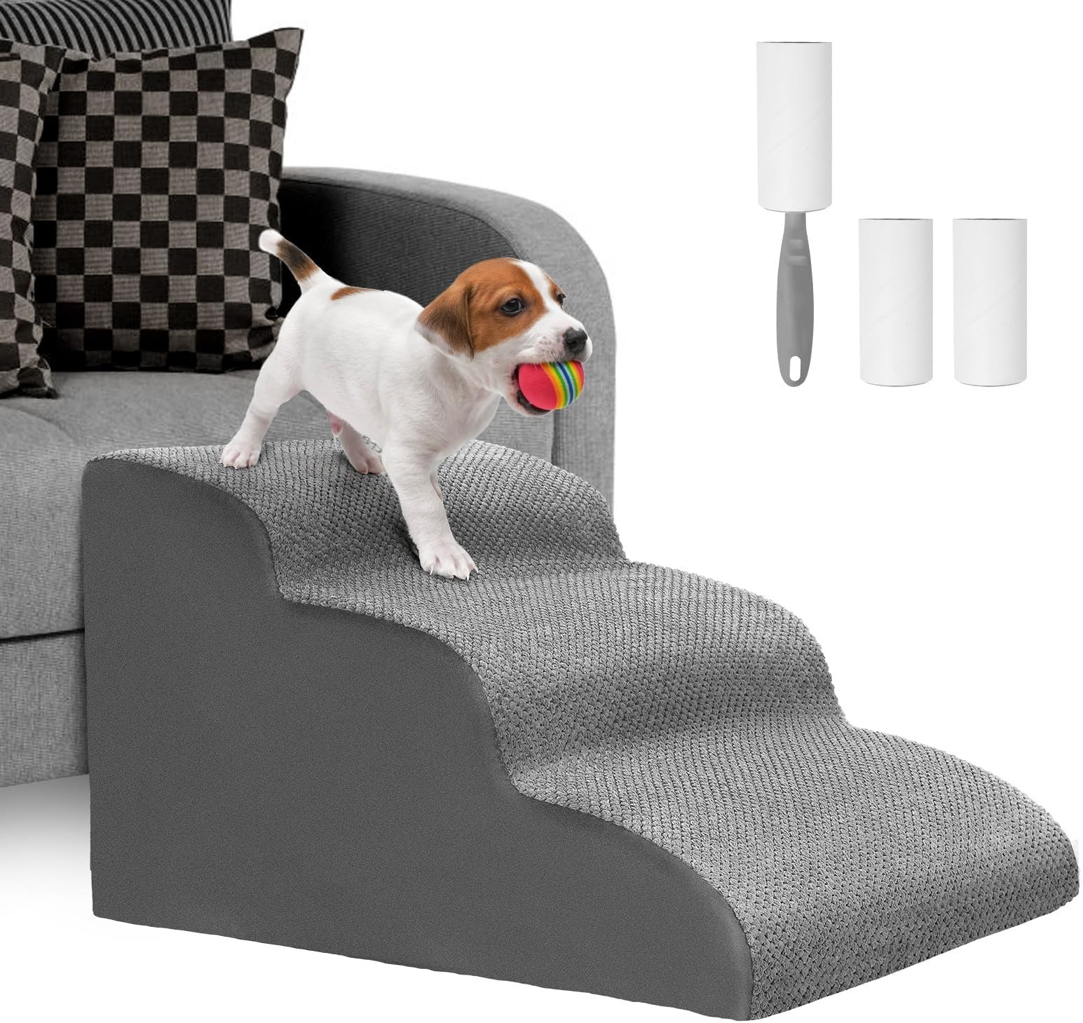 Lannvan Scaletta per Cani 3 Gradini, Rampa con Copertura Rimovibile Lavabile, per Cani e Gatti di Piccola Taglia, Regala Rullo Togli Peli Animali, Grigio