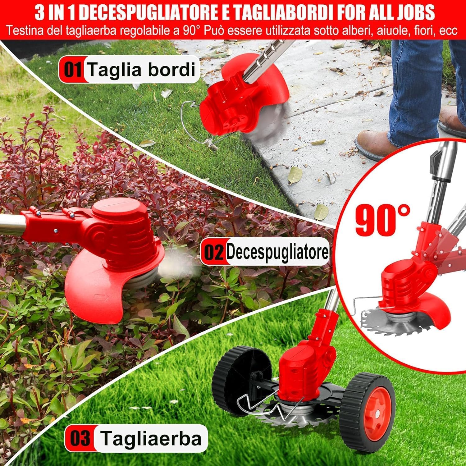Decespugliatore a Batteria 21V Tagliabordi a Batteria, Tagliabordi Elettrico con 2 4.0Ah Batterie e 4 Tipi di Lame, Ruote Rimovibili, Decespugliatori da Giardino Altezza Regolabile per Prati, Arbusti