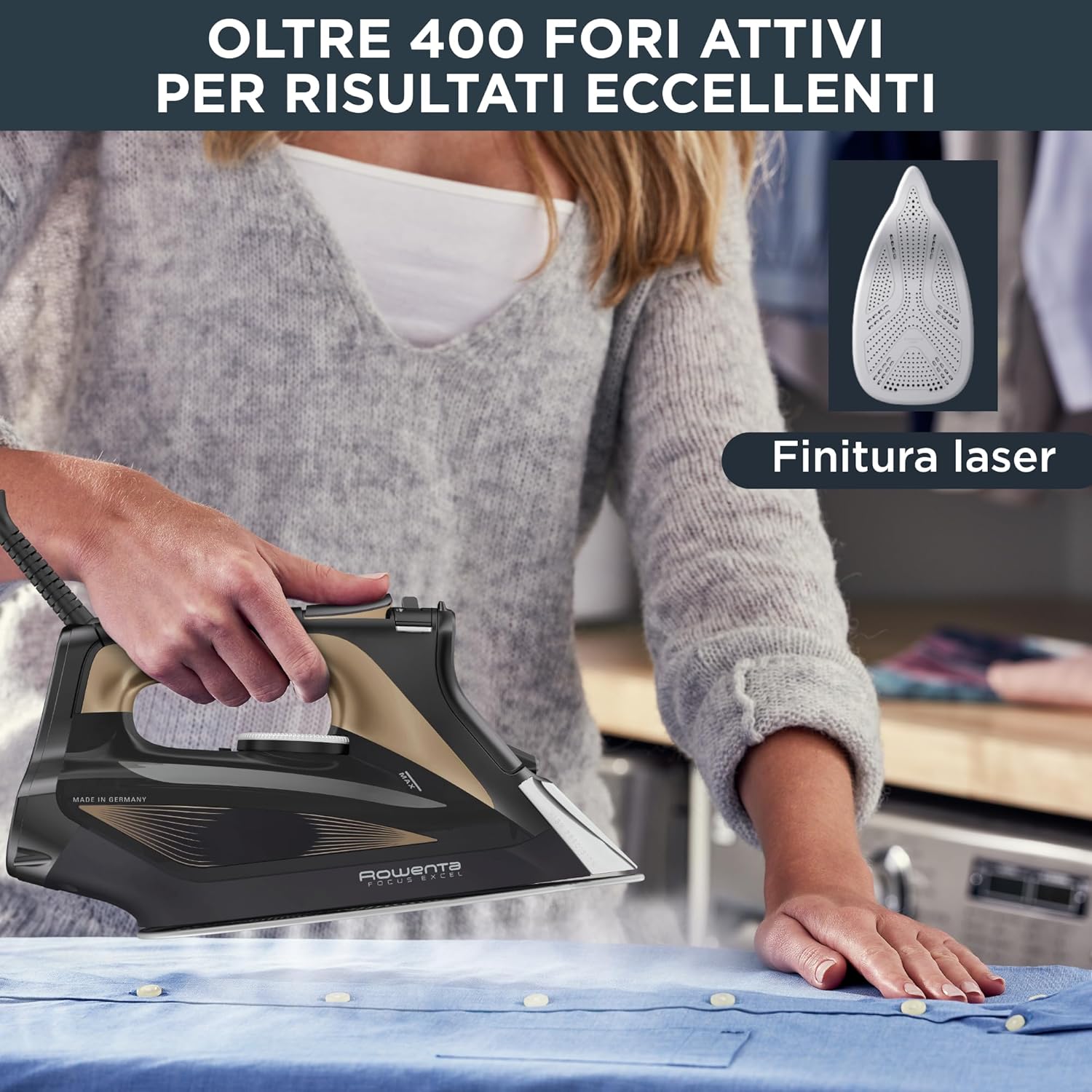 Rowenta DW5325 Focus Excel Steam Ironing Iron 2700W, 2.2 L, Steam Shot 180 g/min, Microsteam HD Plate, Ergonomic Handle, Profiled Tip, Drip Protection, Eco Mode