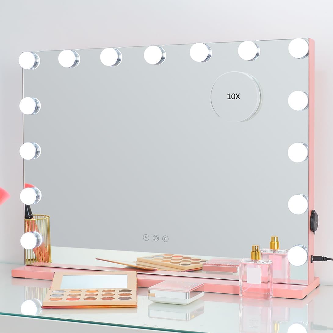 2-FNS Hollywood - Specchio da trucco con 15 luci LED, illuminato, touch screen, specchio cosmetico con illuminazione, 3 variazioni di colore, luminosit脿 regolabile, tavolo o supporto da parete, rosa