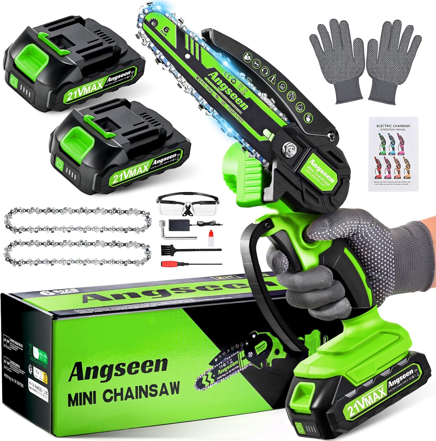 Angseen Mini Motosega a Batteria Per Potatura con 3 Catene, 850W 6 Pollici Sega a Batteria per Potatura con 1 Batterias e Blocco di Sicurezza, Motosega Elettrica Per il Taglio del Legno e Giardinaggio