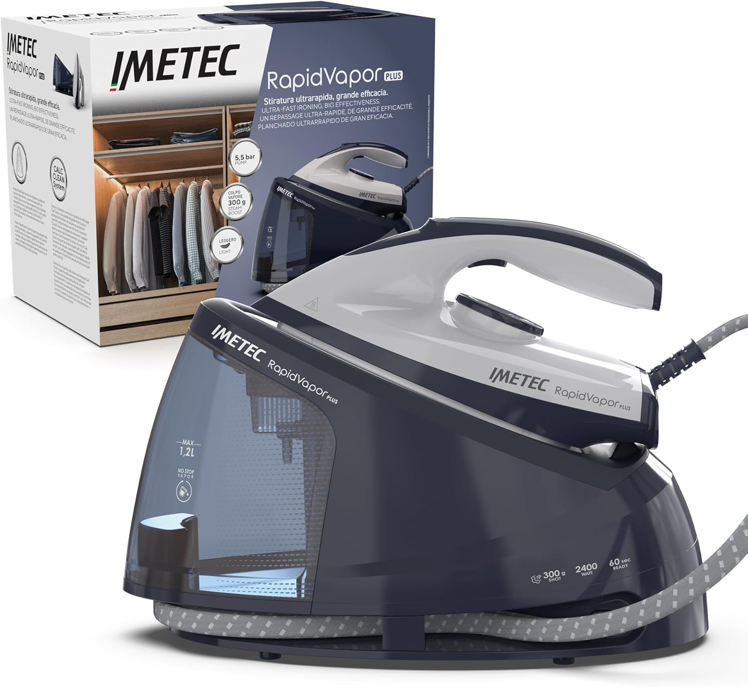 Imetec Energy Vapor, Steam Generator Iron, 6.5 BAR Pump, Steam Boost 400 g, 2400 W, Fluid Ceramic Plate, Iron Block, Self-Shutdown, Cleaning Device, ECO Technology
