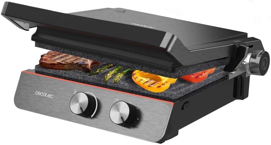 Cecotec Grill elettrico Rock'n Grill Pro. Rivestimento in pietra di pietra di roccia, Piatti rimovibili e reversibili, apertura a 180o, superficie 34 x 23 cm, acciaio inossidabile