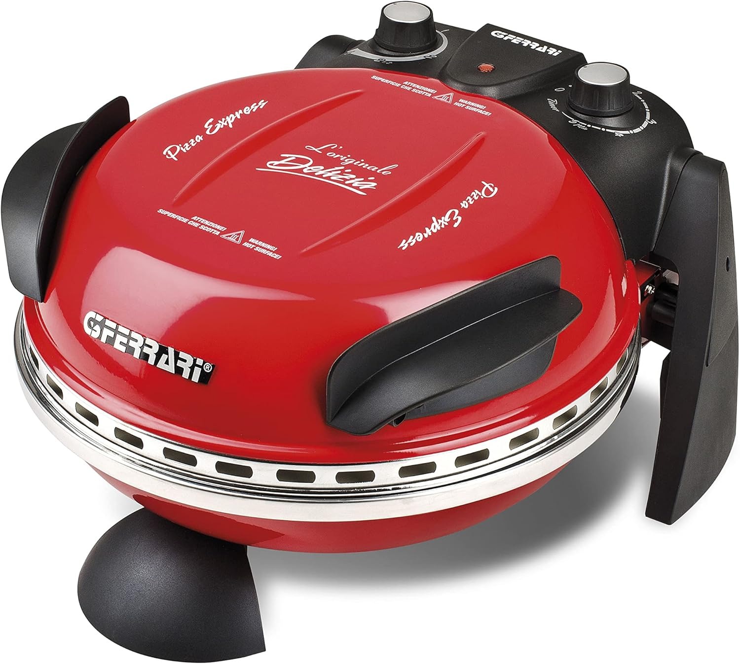 G3 Ferrari G10006 Pizza Express Delizia, Forno Pizza, 1200 W, Termostato regolabile 400°C, Pizza fragrante in 5 minuti, Doppia resistenza riscaldante, Ricettario e Palette inclusi, Rosso
