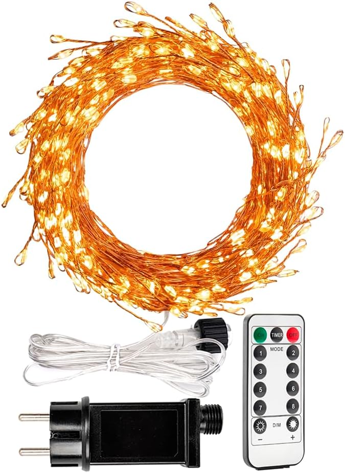 RESNICE 3m 100 LED luci a grappolo bianco caldo, con filo di rame e telecomando, luci per albero di Natale, per interni ed esterni, giardino, camera da letto, terrazza.