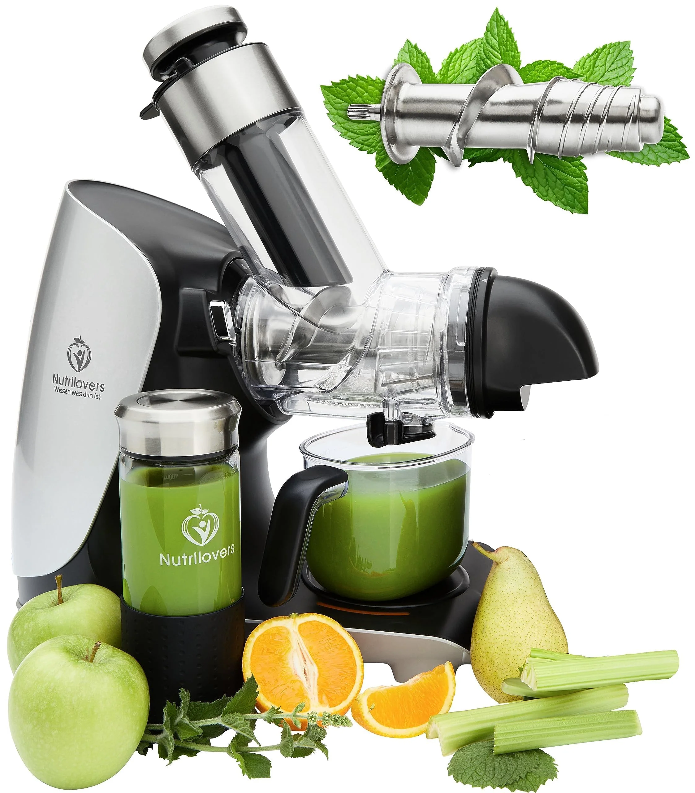 GREEN-PRESS Slow Juicer in acciaio inox 304, coclea in acciaio inox, senza BPA | MARCHIO TEDESCO | Spremiagrumi elettrico tuttofare per frutta intera, sedano, verdura e frutta | Campione di test 2025