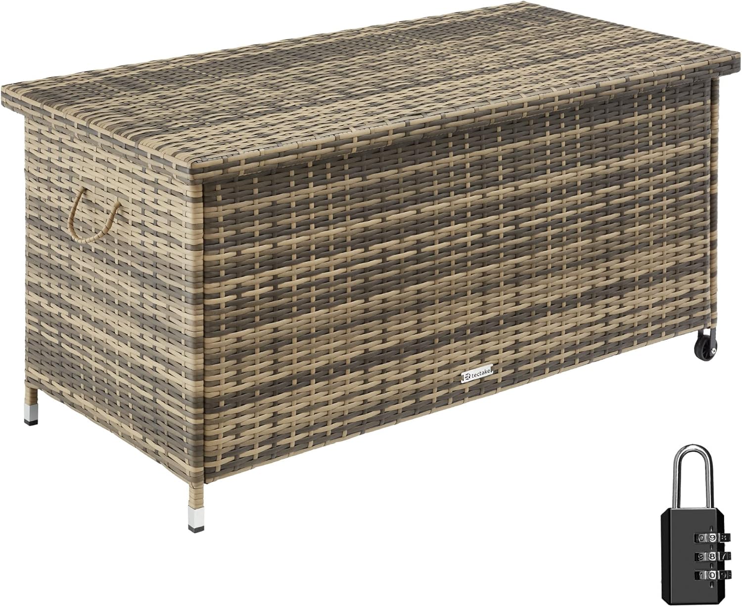 TecTake? Box Contenitore da Esterno, Mobile da Giardino con Intreccio in Polyrattan, Pratiche Maniglie, Rotelle, Tasca Estraibile, Chiusura a Combinazione, 120x55x61,5cm, 270 L - Marrone