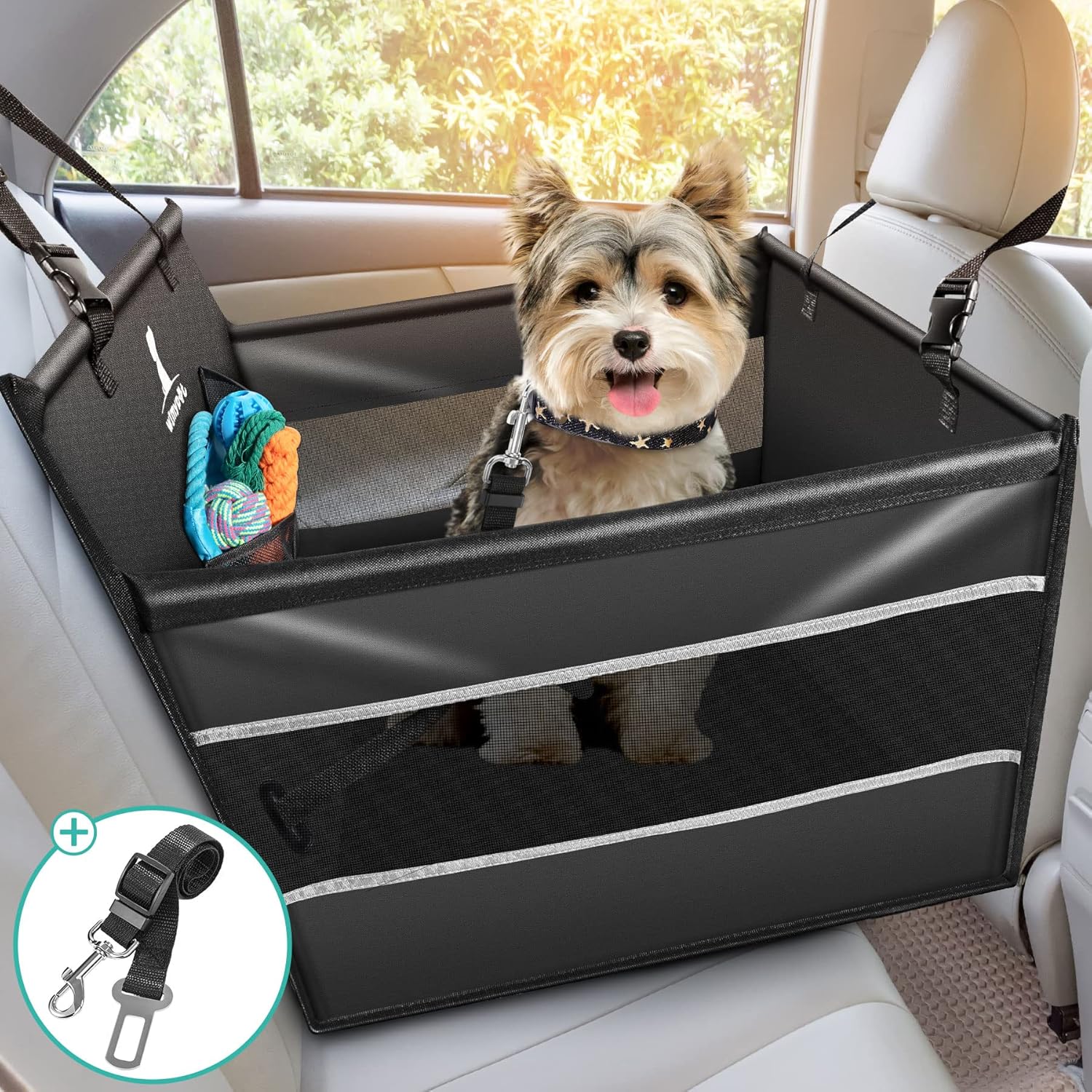 Wimypet Seggiolino Auto per Cani con cintura di sicurezza, Seggiolino Auto per cani di piccola e media taglia, Coprisedile Impermeabile, Resistente agli Strappi, lavabile in lavatrice, 50x50x47cm