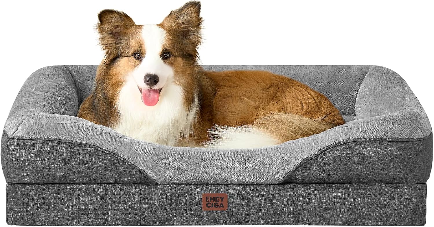 EHEYCIGA Memory Foam Cuccia Cane Interno Taglia Grande, Impermeabile Divano per Cani Sfoderabile e Lavabile, Letto per Cani con 4 Bordi Rialzati, Grigio Scuro, 106.5x76x18.5cm