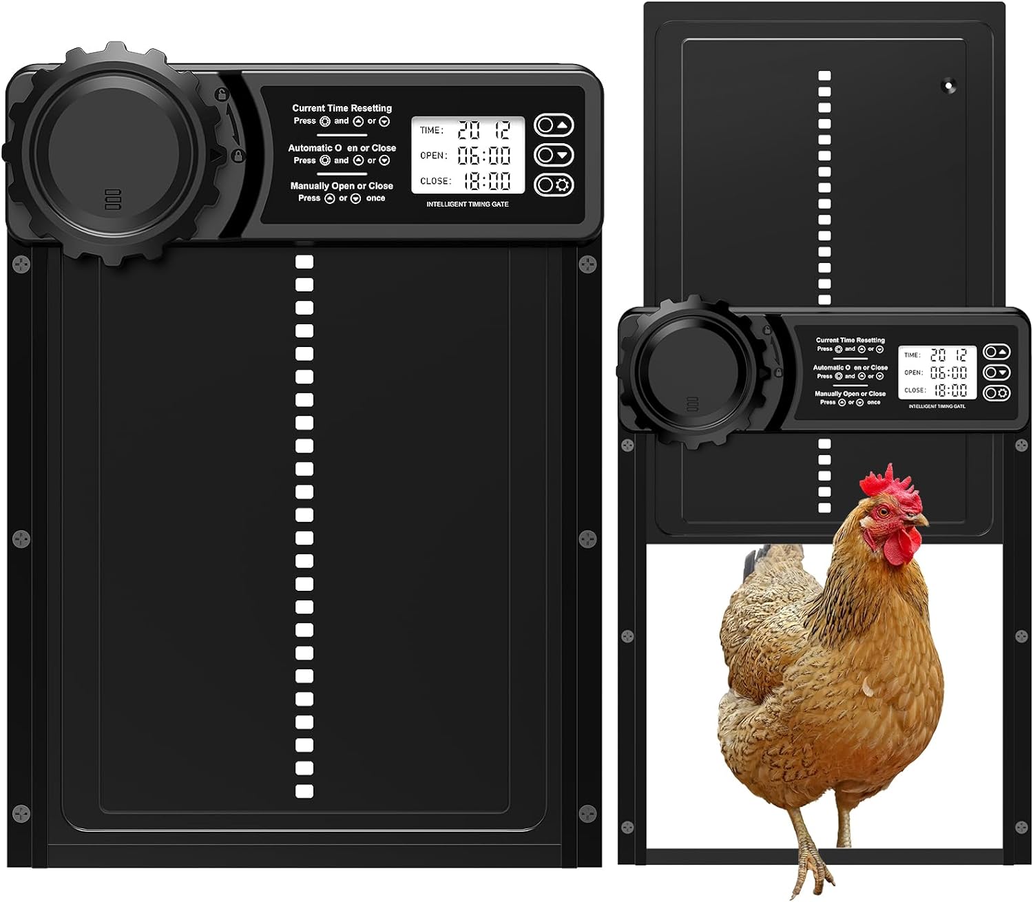 CHAMUTY Automatic Door for Chicken Coop with Display, Automatic Aluminium Chicken Coop Door, Evening and Morning Delay Timer, Automatic Chicken Coop Door, Black