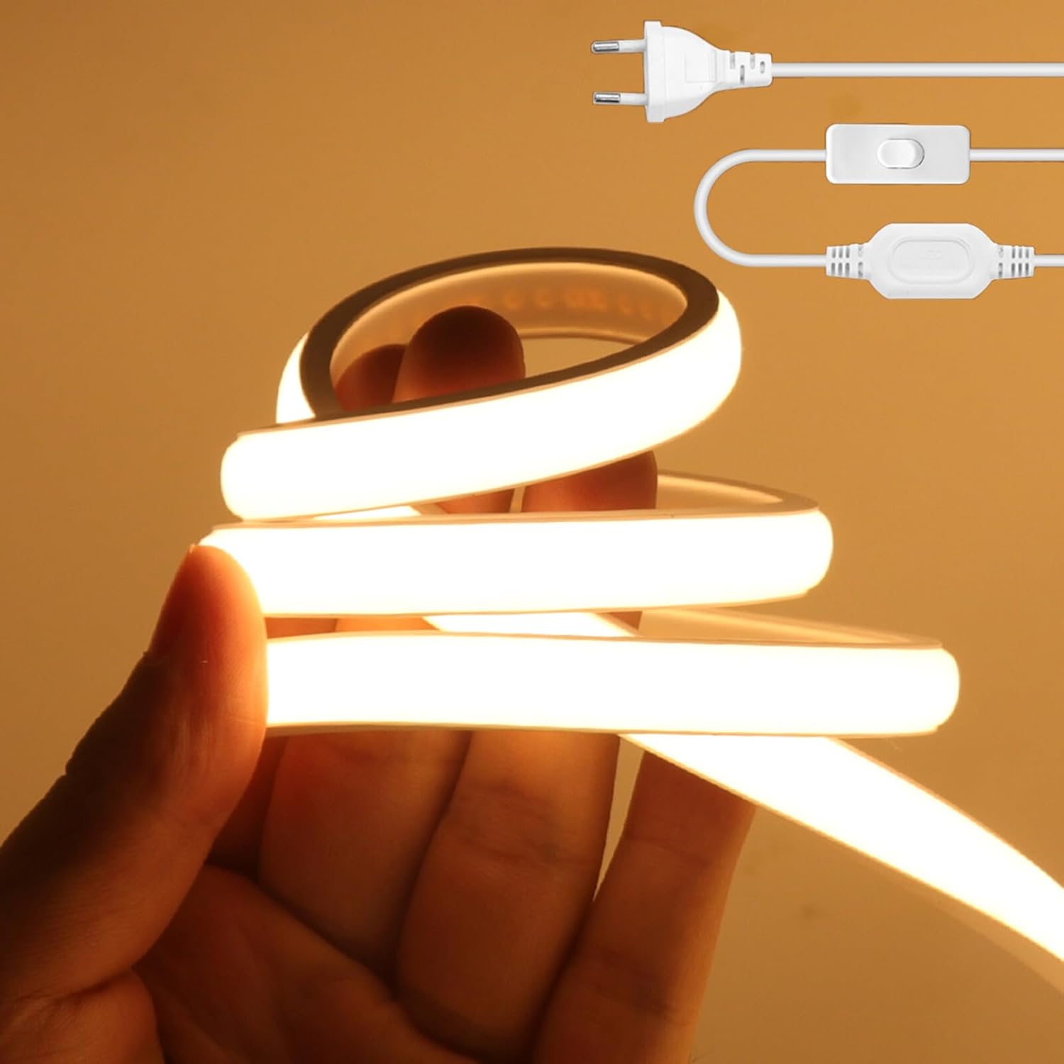 Wisada Striscia LED Neon COB 220V, IP65 Impermeabile Flessibile, 288LED/m 4m Bianco Naturale 4000K Striscia LED FCOB con Interruttore, Illuminazione Camera da Letto Cucina Soggiorno