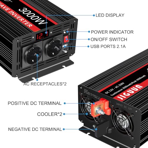 JIGUUN 3000W inverter 12v 220v onda pura Trasformatore Convertitore Potenza di picco 6000W con Telecomando Senza Fili Display LED 2 Prese EU e Una 2.1A USB Per caravan Campeggio emergenza ecc : Amazon.it: Elettronica
