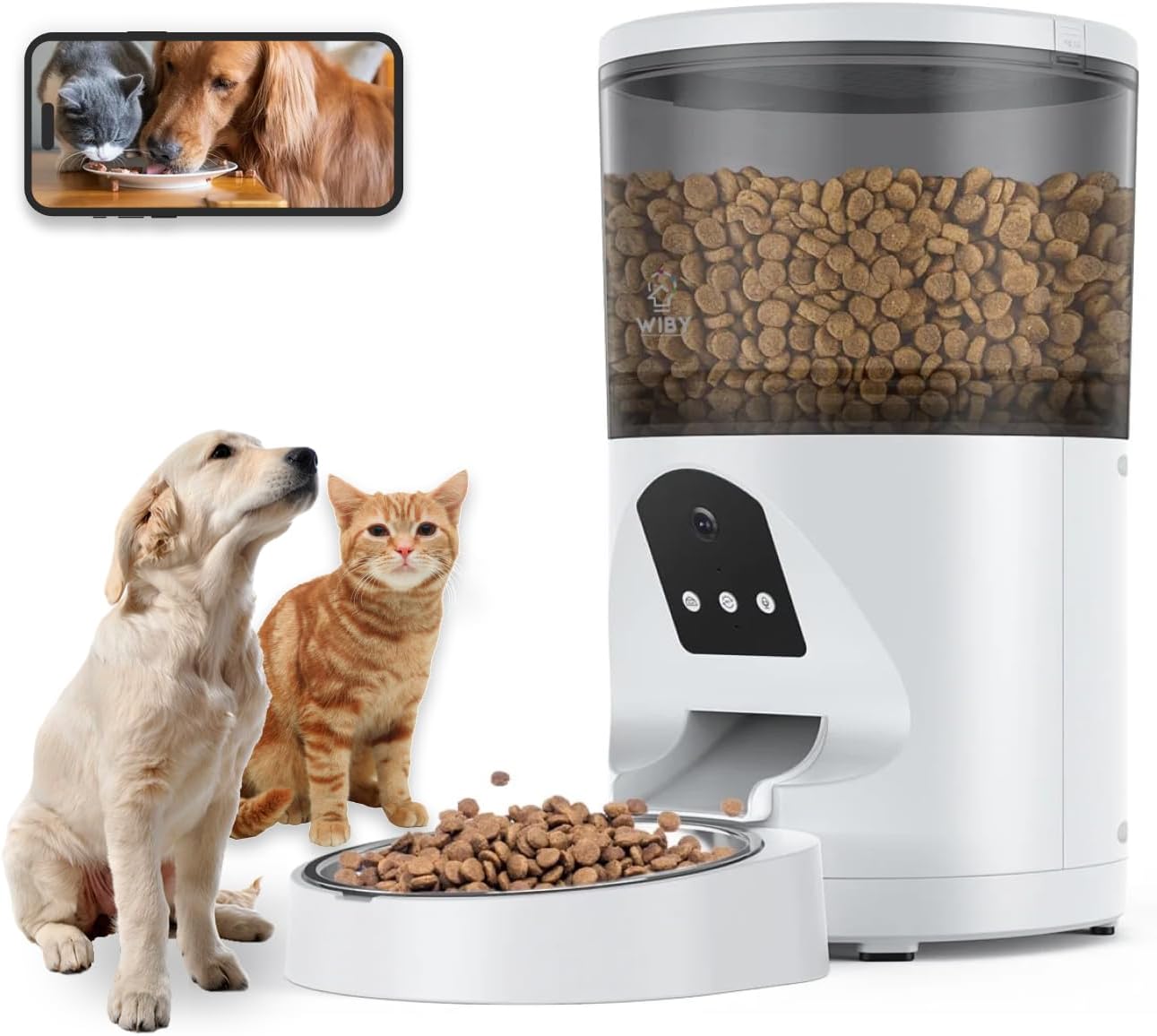 Wiby 6L Automatic Food Dispenser for Cats and Dogs with 1080p Camera, Two-Way Audio, Night Vision, 2.4GHz Wi-Fi App, Programmable Portions, Removable Stainless Steel Bowl