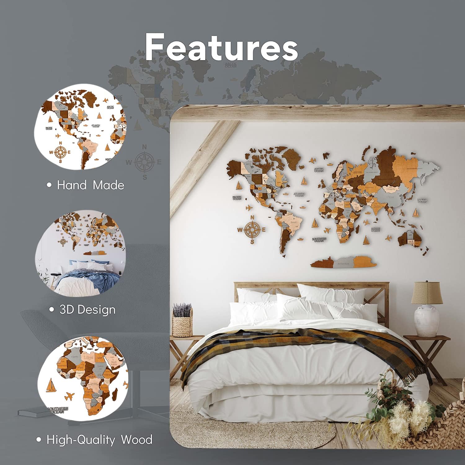Mappa del mondo in legno,grande decorazione da parete in 3D,dimensioni (M & L & XL),idea regalo per ogni occasione,decorazione da parete per casa,cucina o ufficio