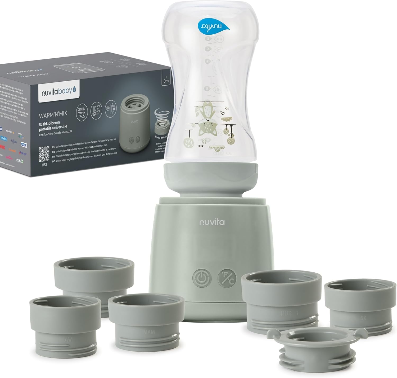 Nuvita 1163 Warm’n’Mix Scaldabiberon Portatile a batteria con Funzione di Riscaldamento e Mescolamento – Riscaldamento Rapido in 3 Minuti, 4 Impostazioni di Temperatura, Compatibilità Universale