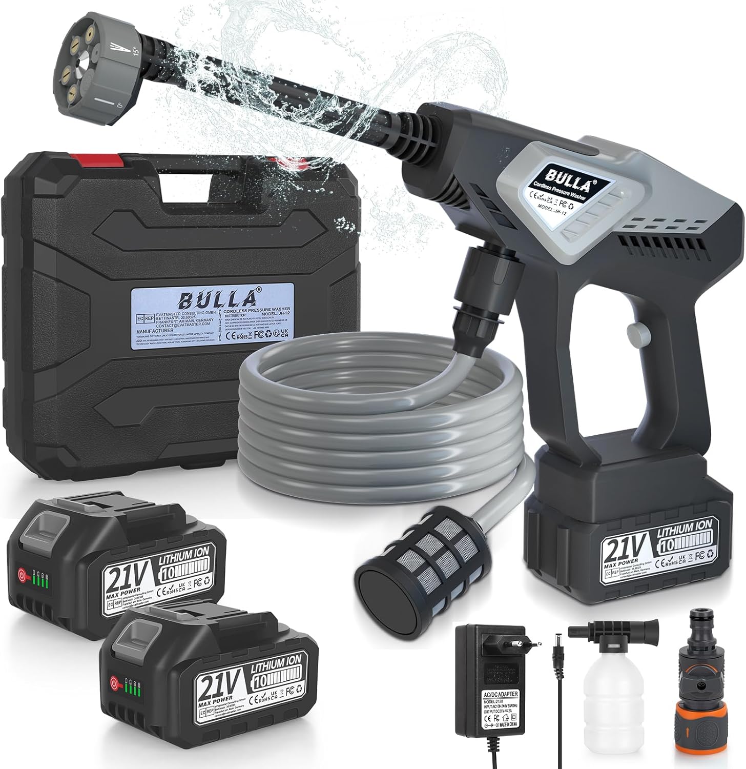 Idropulitrice a Batteria 6 in 1, con 2 Batterie da 4000mAh, Tubo da 5M – Idropulitrice Portatile Senza Fili per Auto, Giardino, Pavimenti e Esterni (Nero)