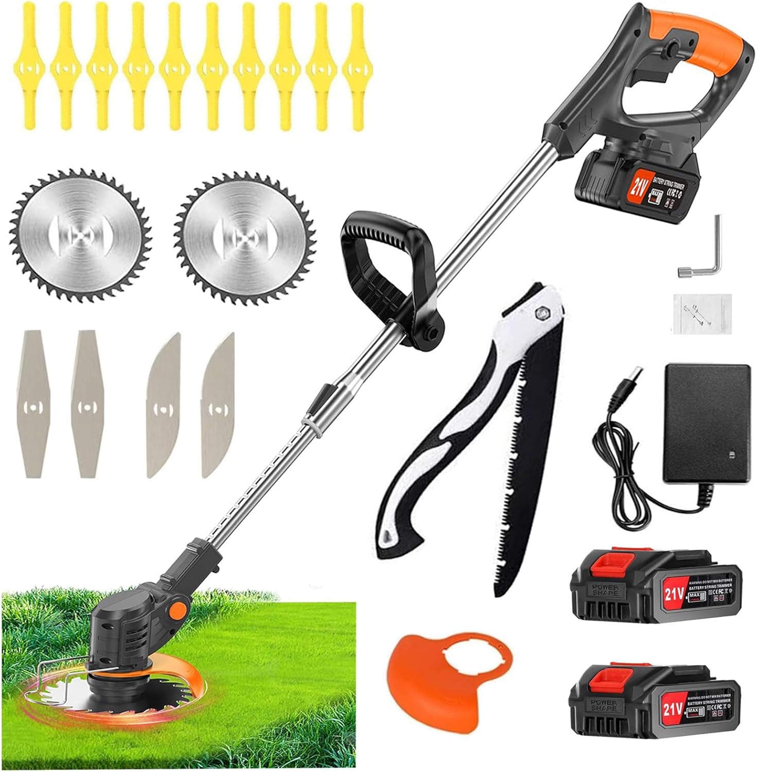 Decespugliatore, Decespugliatore a Batteria,Tagliabordi a Batteria, con 3 Tipi di Lame, Maniglia a scomparsa e rotazione della testa di 90°,Adatto per prati, giardini e campi