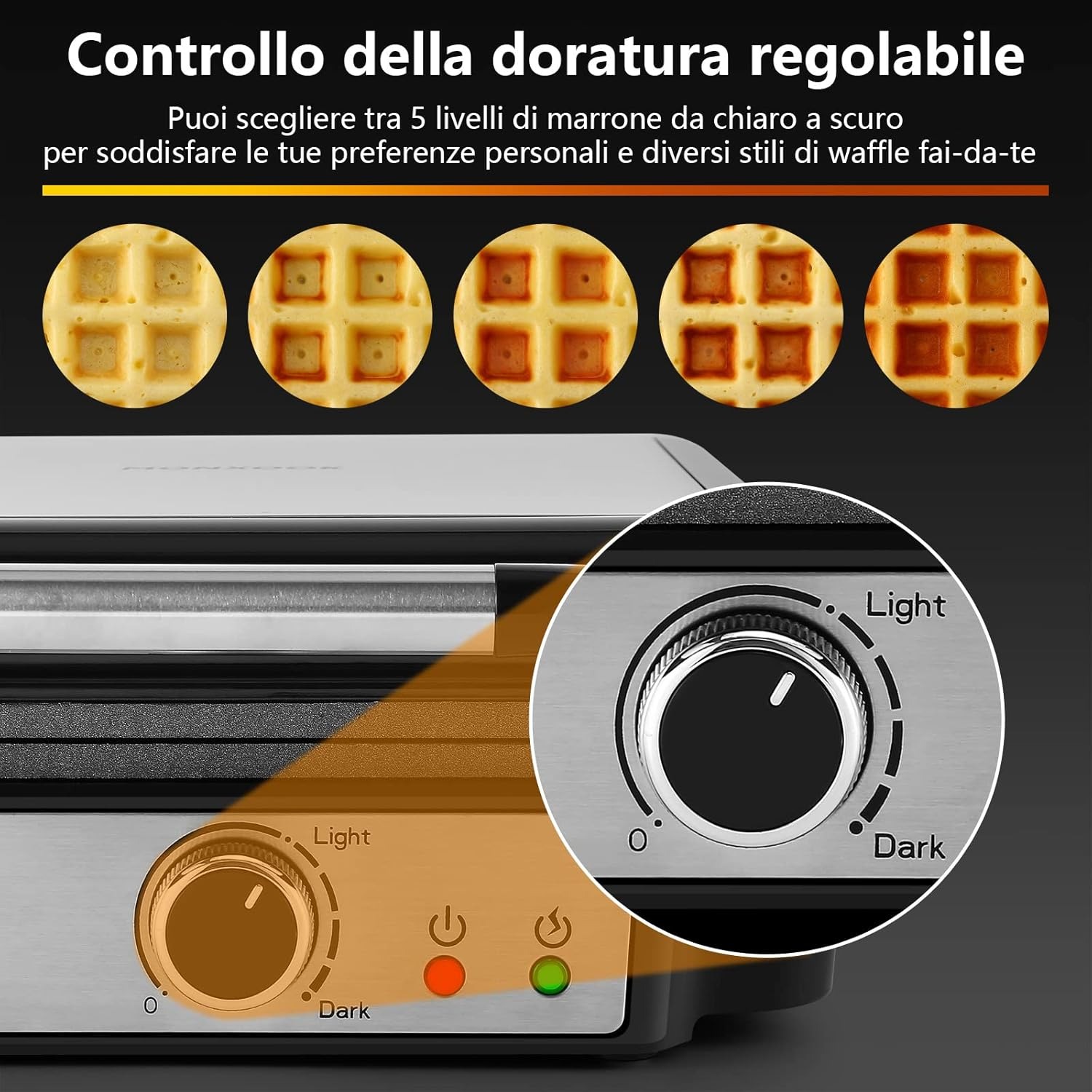 YASHE Piastra per Waffle, Macchina per Waffle Quadrata 4 Fette, 5 Manopole di Doratura, Luci Indicatori, Antisversamento, Rivestimento Antiaderente, 1200W, Argento/Nero、