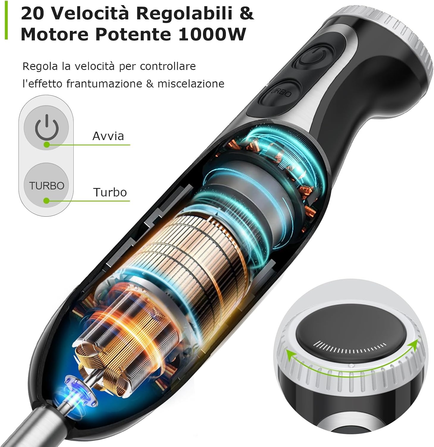 Bonsenkitchen Frullatore a Immersione Multifunzione 4 in 1, Minipimer in Acciaio Inox, 1000 W, 20 Velocità Regolabili, con Frusta, Tritatutto da 500 ml