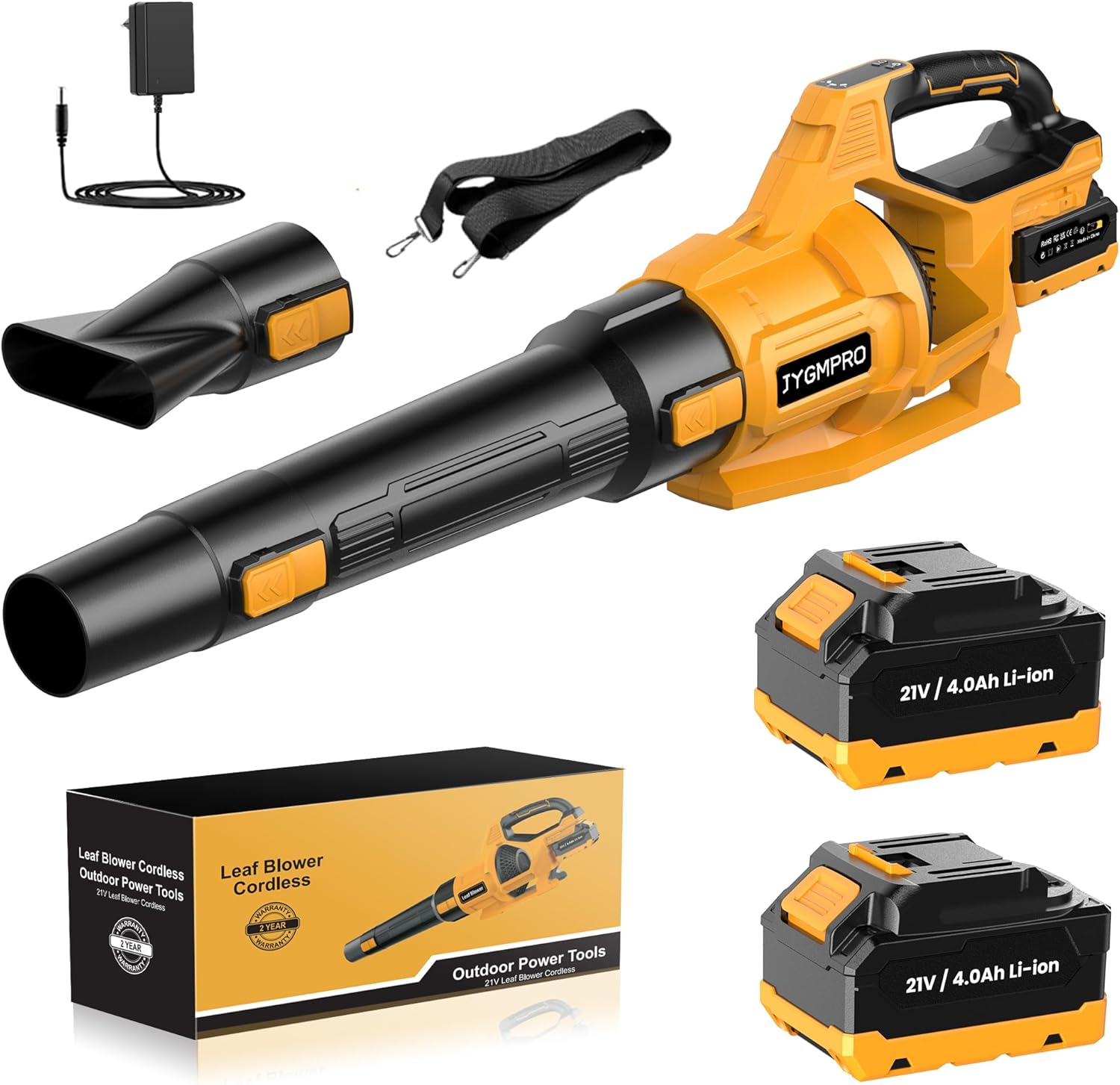 JYGMPRO Battery Blower, 21 V Electric Leaf Blower with 2 x 4.0Ah Battery, 3 Adjustable Speeds, 2 Nozzles, Strap for Leaves, Snow, Dust and Debris