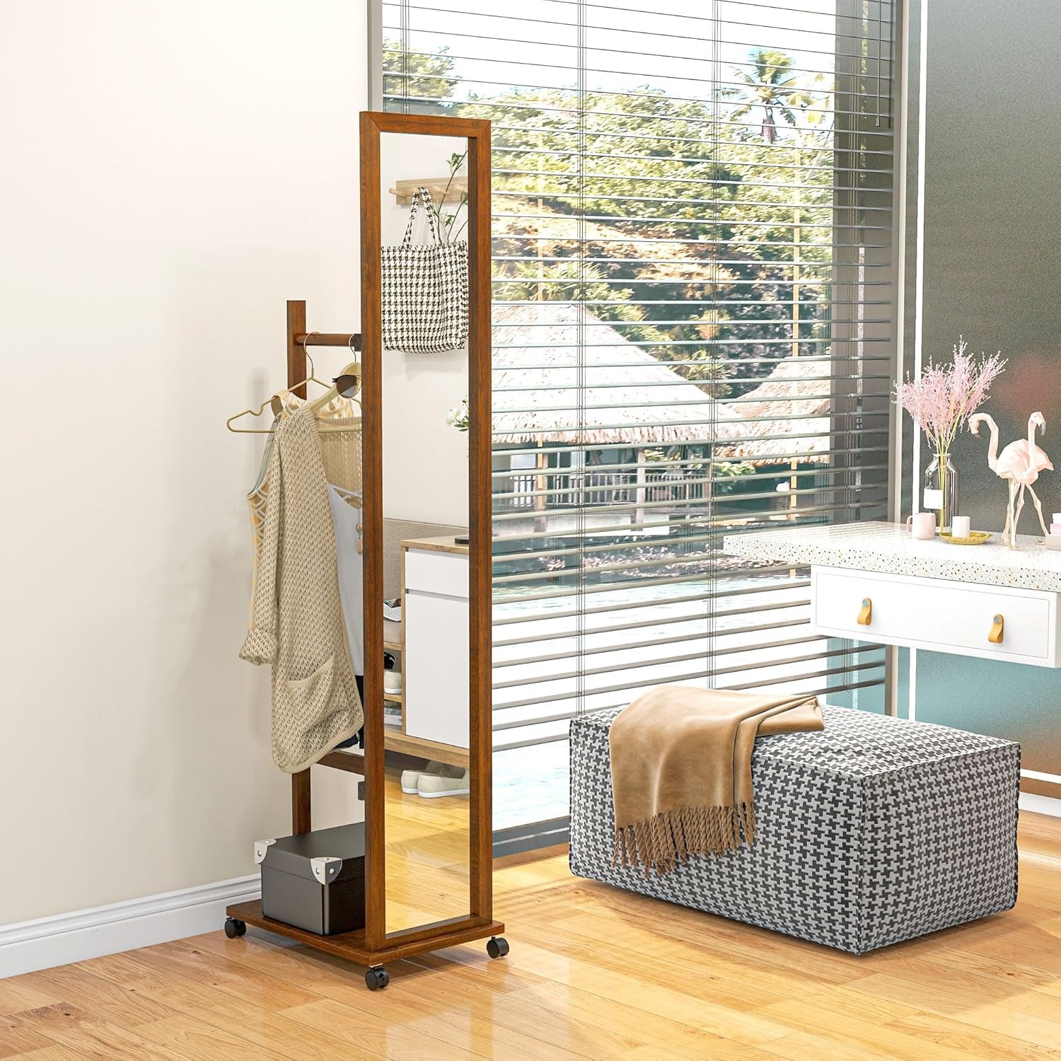 HOMCOM Specchio da Camera e Ingresso con Ripiano Inferiore, Armadio a Specchio con Binario e 4 Ruote, in Legno e Vetro, 35.5x49.5x167.8 cm, color Noce