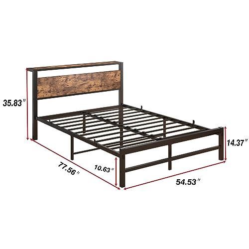 VERFARM Struttura letto matrimoniale in metallo con testiera in legno, 135 x 190 cm, senza bisogno di molle, robusto supporto a doghe in acciaio, facile da montare, senza rumore, marrone vintage : Amazon.it: Casa e cucina