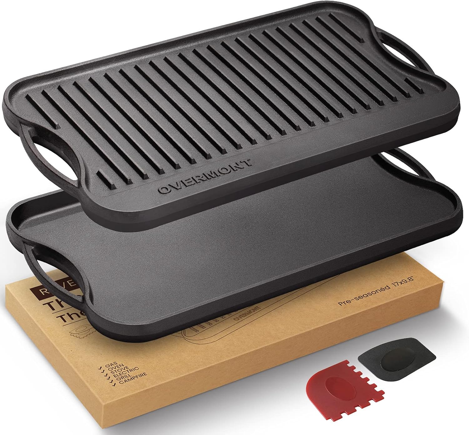 Overmont Reversible Griddle Pan in Pre-Seasoned Cast Iron – Non-Stick Grill Plate with Handles – for Grilling Gas Hob Oven Open Fire – Scraper Included – 43.2 x 24.9 cm