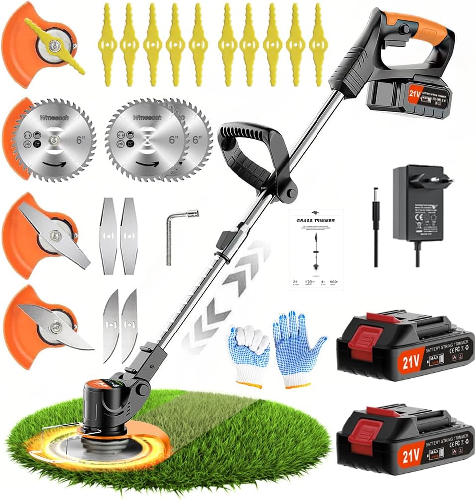 Wrneaoch 21V Decespugliatore a Batteria, 3 en 1 Tagliaerba Elettrico, Tagliaerba a Batteria Testa regolabile e manico telescopico, Decespugliatore Elettrico Leggero per terreni agricoli da giardino