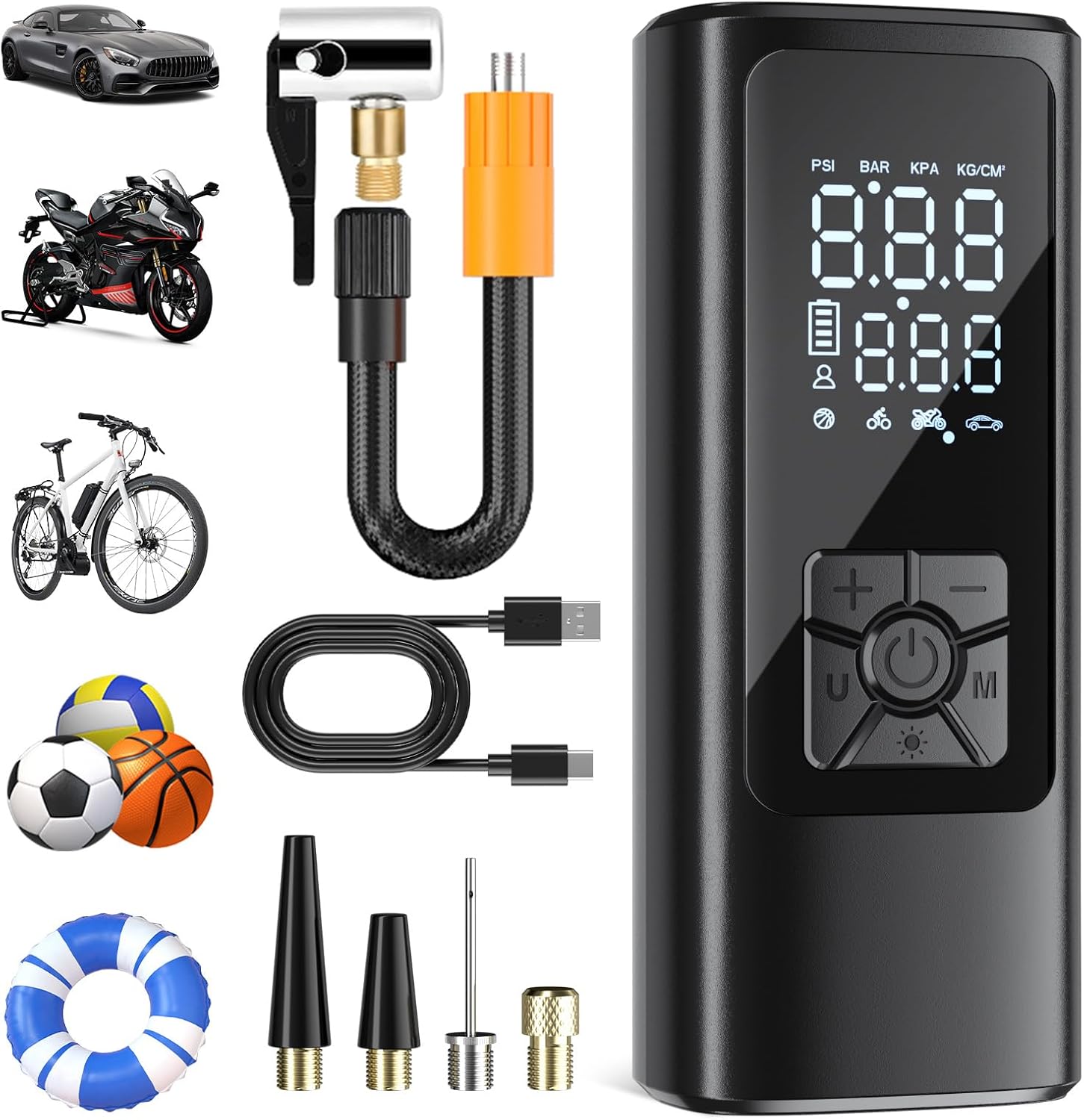 HOVVIDA Compressore Aria Portatile, Compressore Portatile, Compressore Portatile Moto, 150 PSI (10,3 Bar) 5V, Inflazione Rapida, Spegnimento Automatico, LED, per Auto, Moto, Bicicletta, Palla