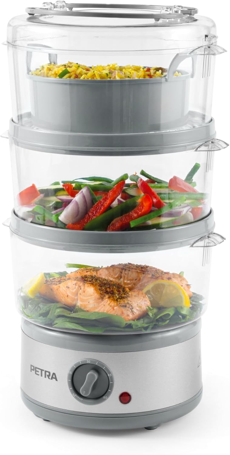 Petra PT2726ZV2HEVDE 3 Tier Electric Steamer 7.5L BPA Free Rice Basket and Container Compact Design 60 Minute Timer 500W Removable Bowls for Meat and Vegetables