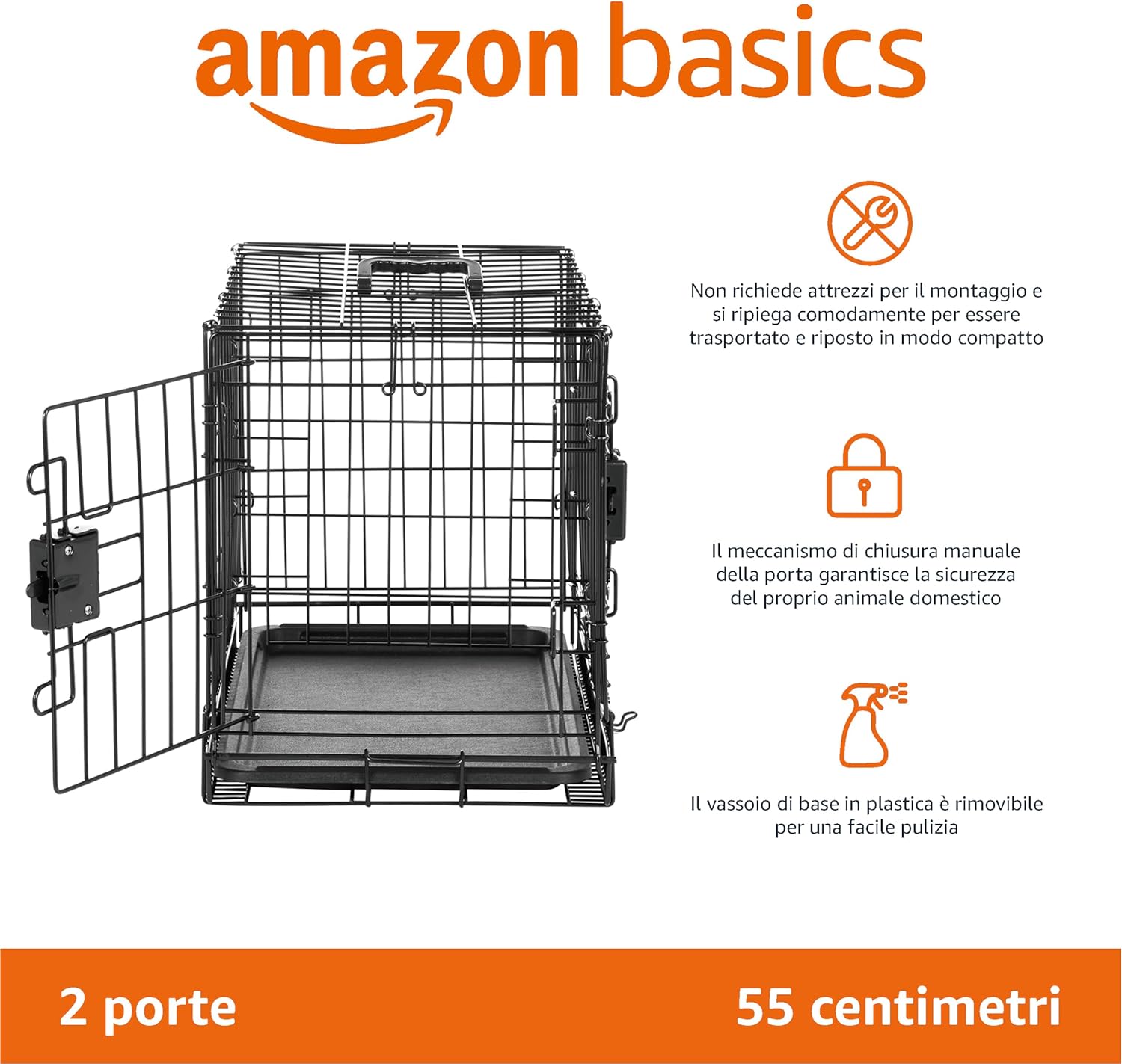 Amazon Basics Metal Dog Cage, Foldable, Removable, with Base Tray and Double Door, Black, 91 x 58 x 64 cm