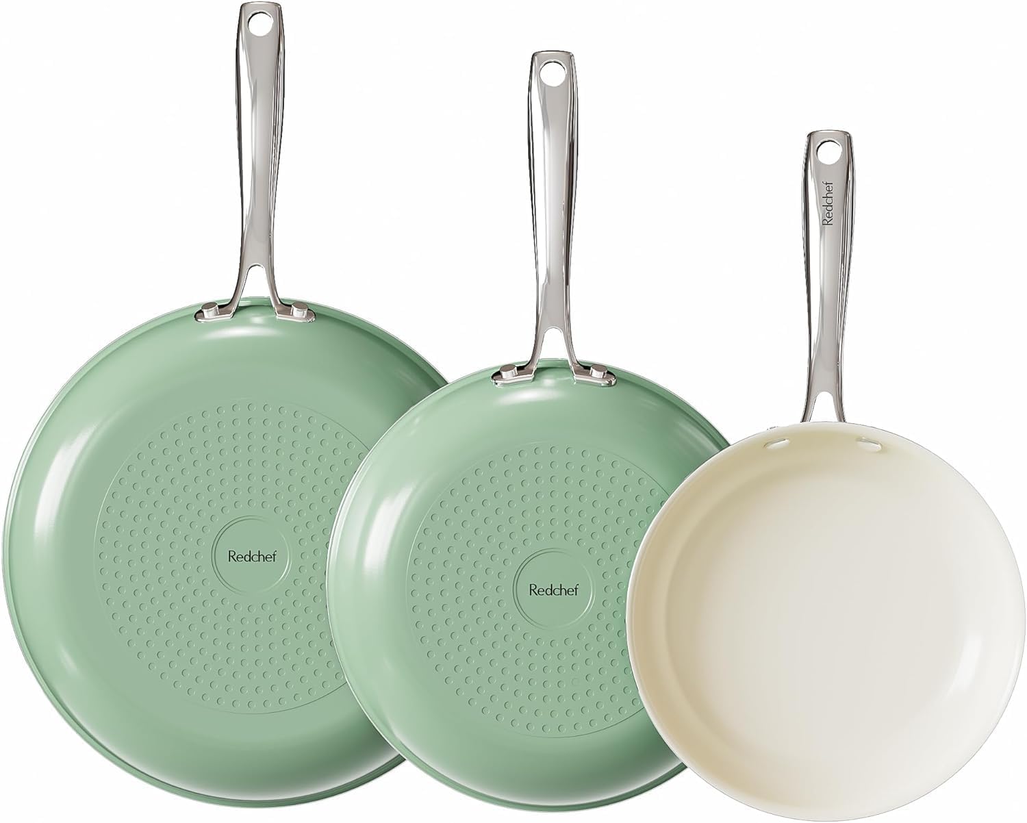 Redchef Set of 3 non-stick ceramic pans, 3 frying pans 20/24/28 cm with non-stick aluminium, induction cookware battery for all hobs, without Ptfe, Pfas, Pfoa, suitable for ovens, beige
